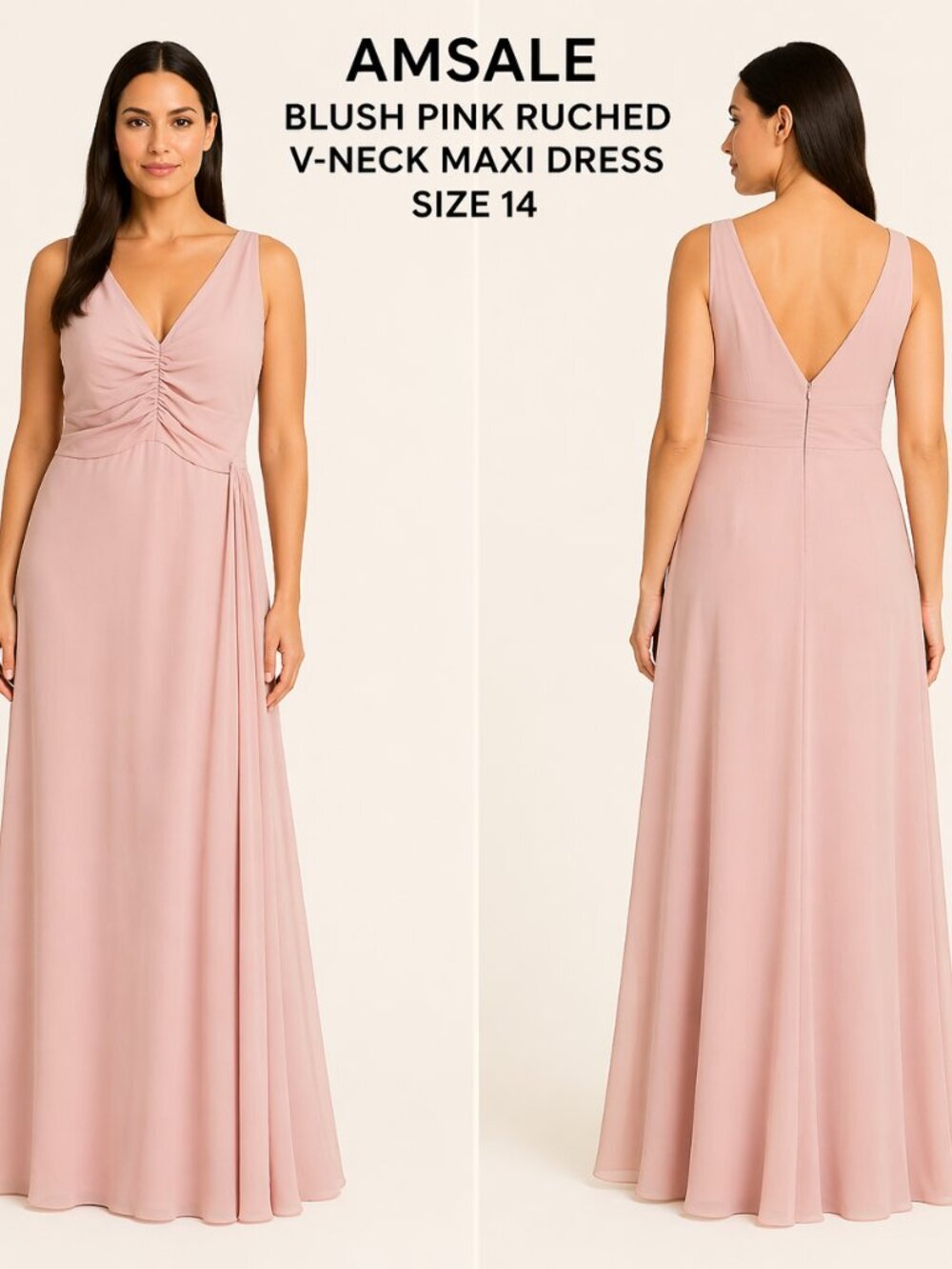 AMSALE BLUSH PINK RUCHED MAXI DRESS SZ 14